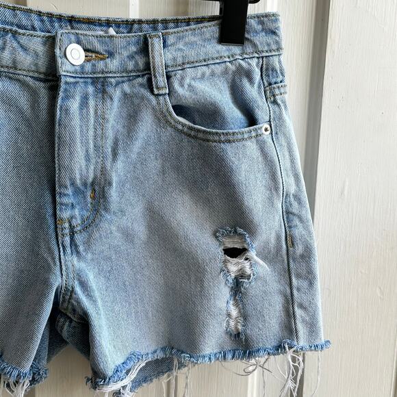 Avec Les Filles Destructed Sun Washed Blue Denim Shorts - Picture 4 of 8